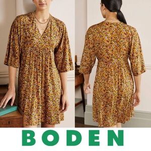 BODEN Easy Jersey Yellow Boho Floral V-Neck Empire Stretch Kimono Mini Dress